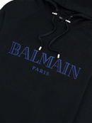 Balmain Paris Flocked Blue Printed Hoodie in Black